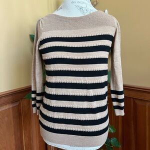 Loft Striped Black and Tan Women's Wool Sweater Medium Academia Office Siren